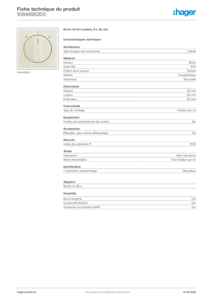 Image Hager Fiche technique du produit 1084898200 | Hager Belgique