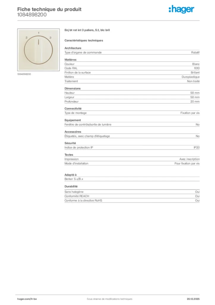 Image Hager Fiche technique du produit 1084898200 | Hager Belgique
