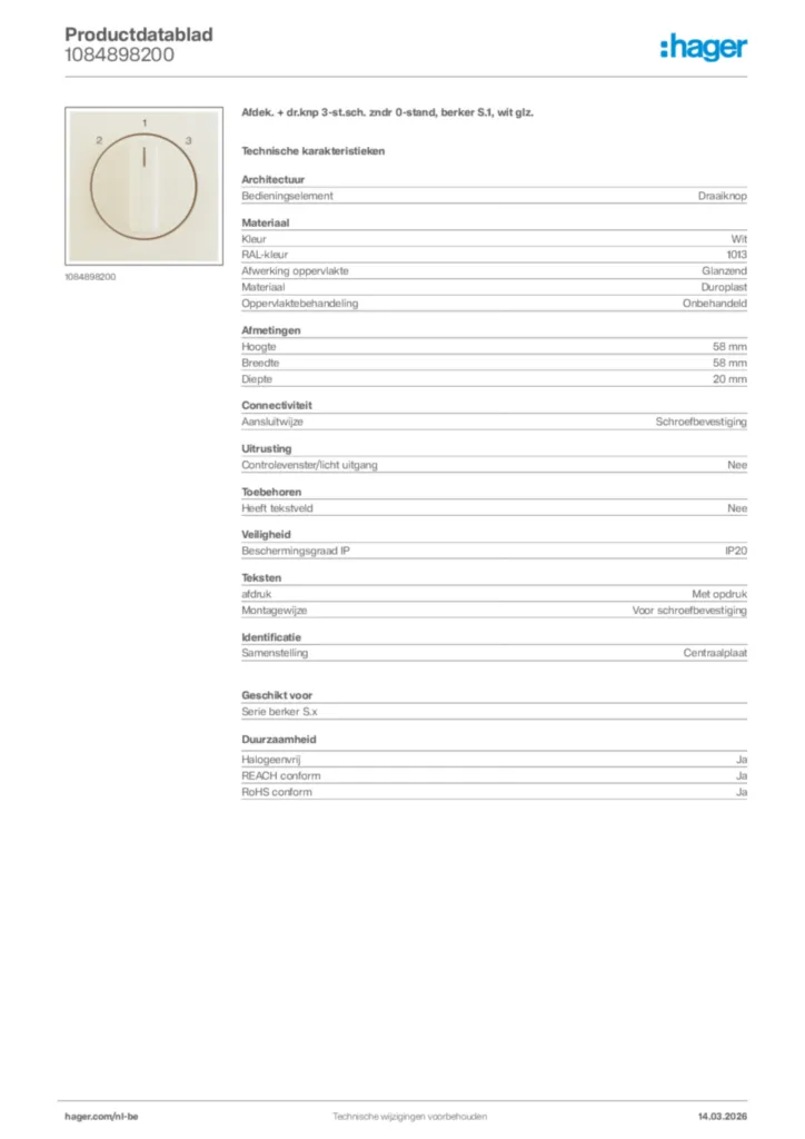 Afbeelding Hager Productdatablad 1084898200 | Hager Belgium