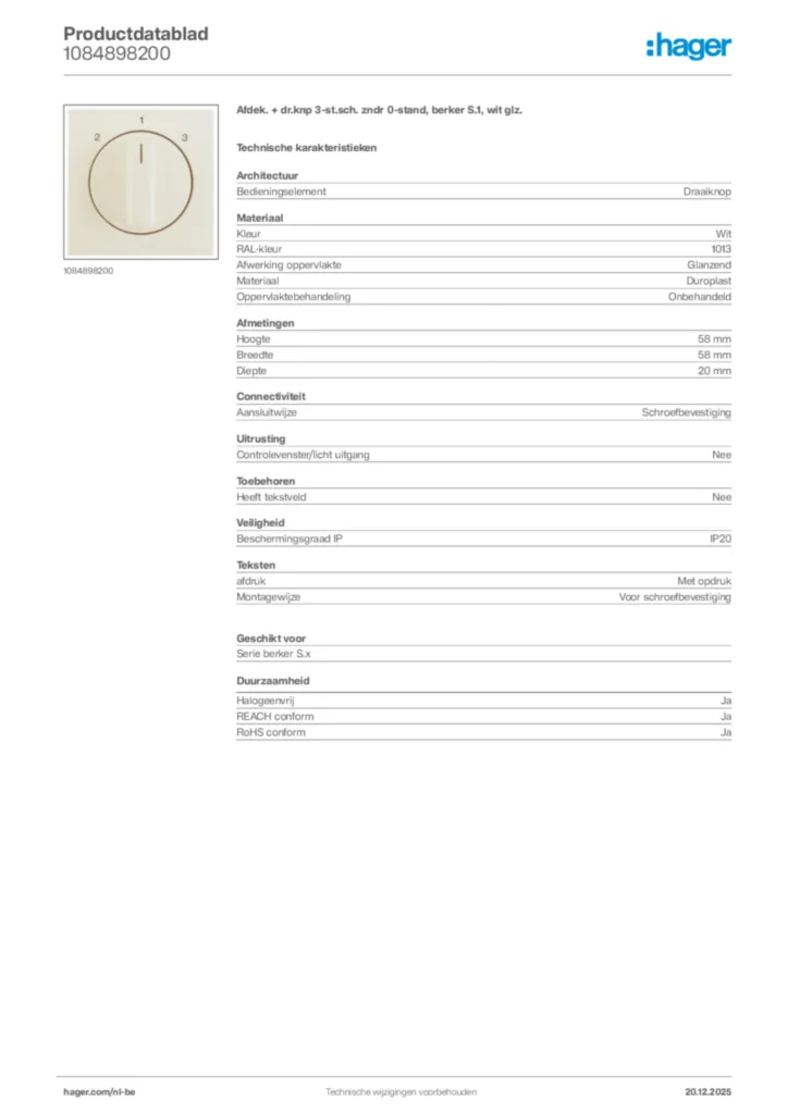 Afbeelding Hager Productdatablad 1084898200 | Hager Belgium