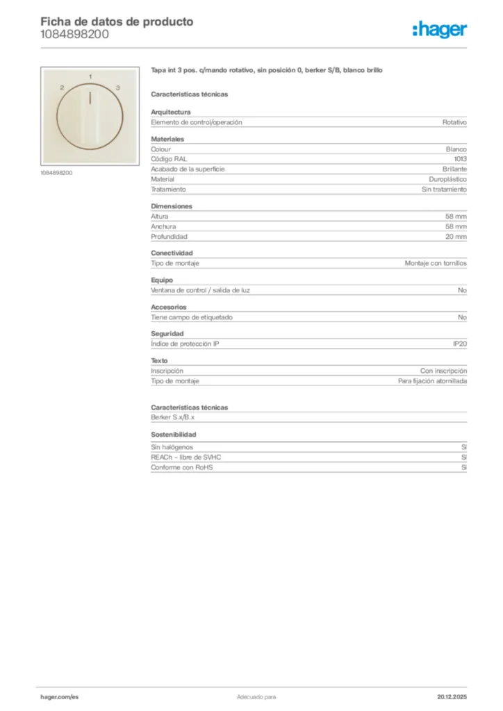 Imagen Hager Ficha de datos de producto 1084898200 | Hager España