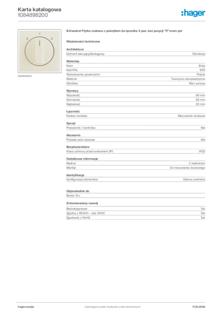 Zdjęcie Hager Karta katalogowa 1084898200 | Hager Polska