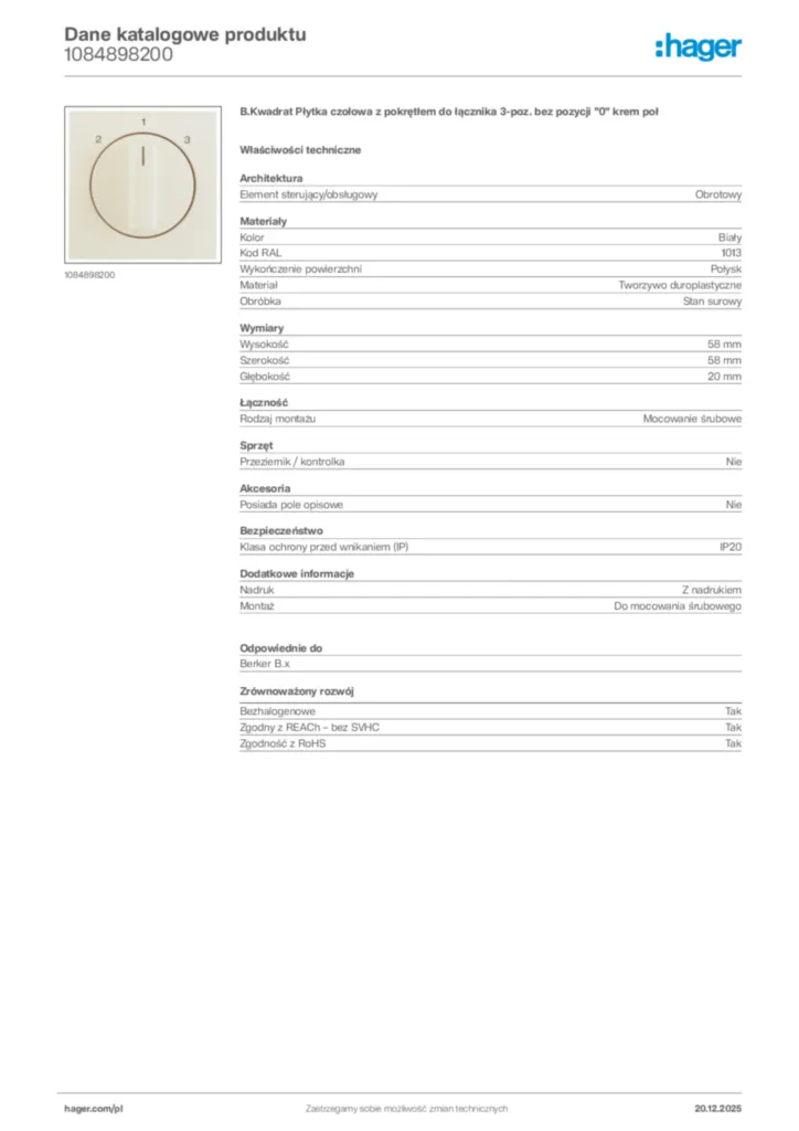 Zdjęcie Hager Dane katalogowe produktu 1084898200 | Hager Polska