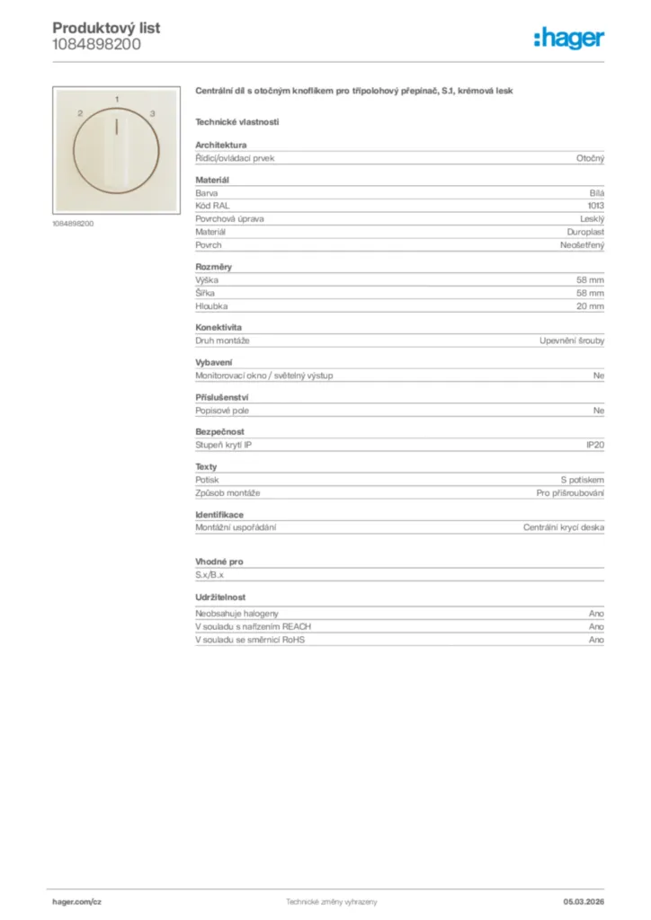 Obrázek Hager Product data sheet 1084898200 | Hager