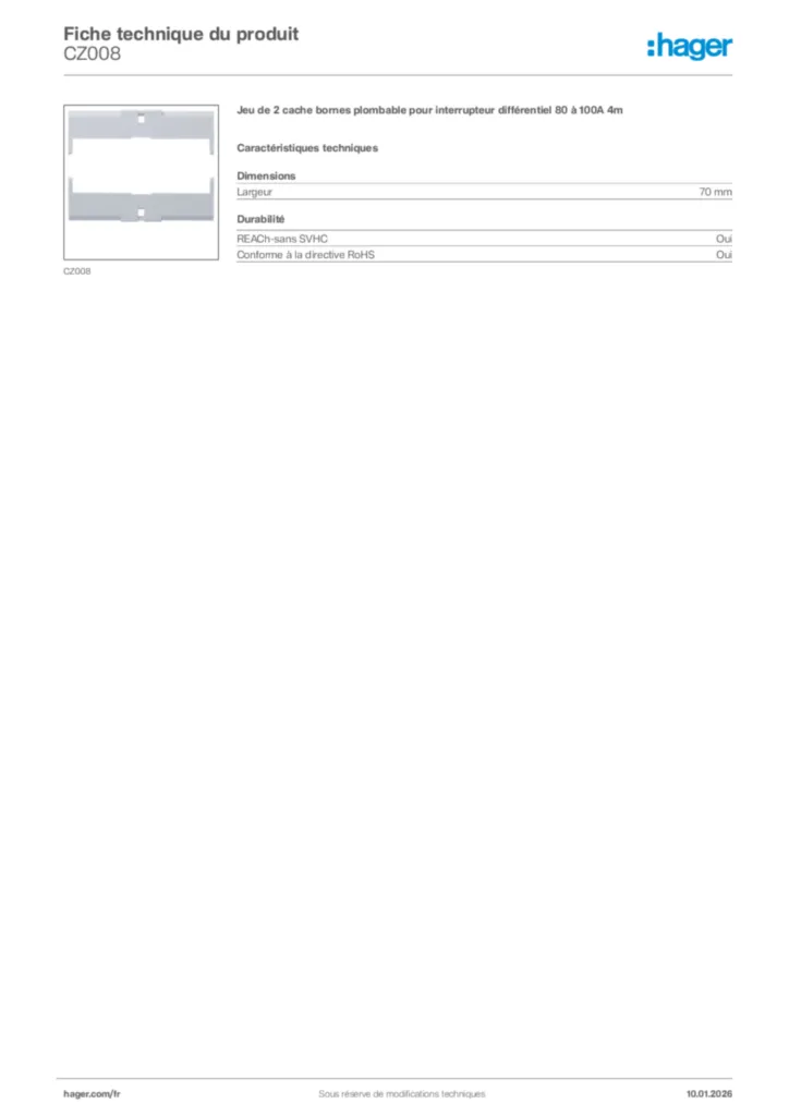 Image Hager Fiche technique du produit CZ008 | Hager France