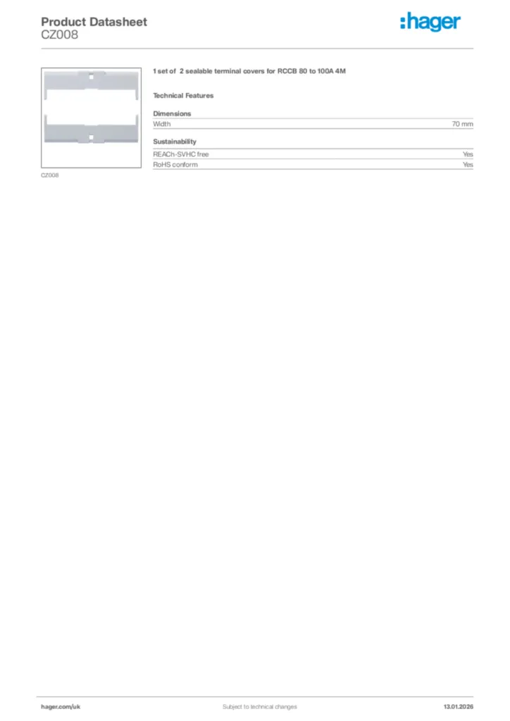 Image Hager Product data sheet CZ008  | Hager
