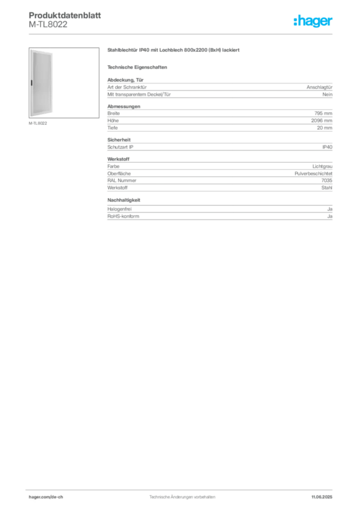 Bild Hager Produktdatenblatt M-TL8022 | Hager Schweiz