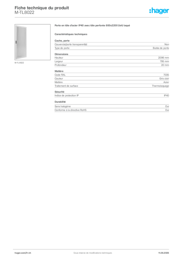 Image Hager Fiche technique du produit M-TL8022 | Hager Suisse