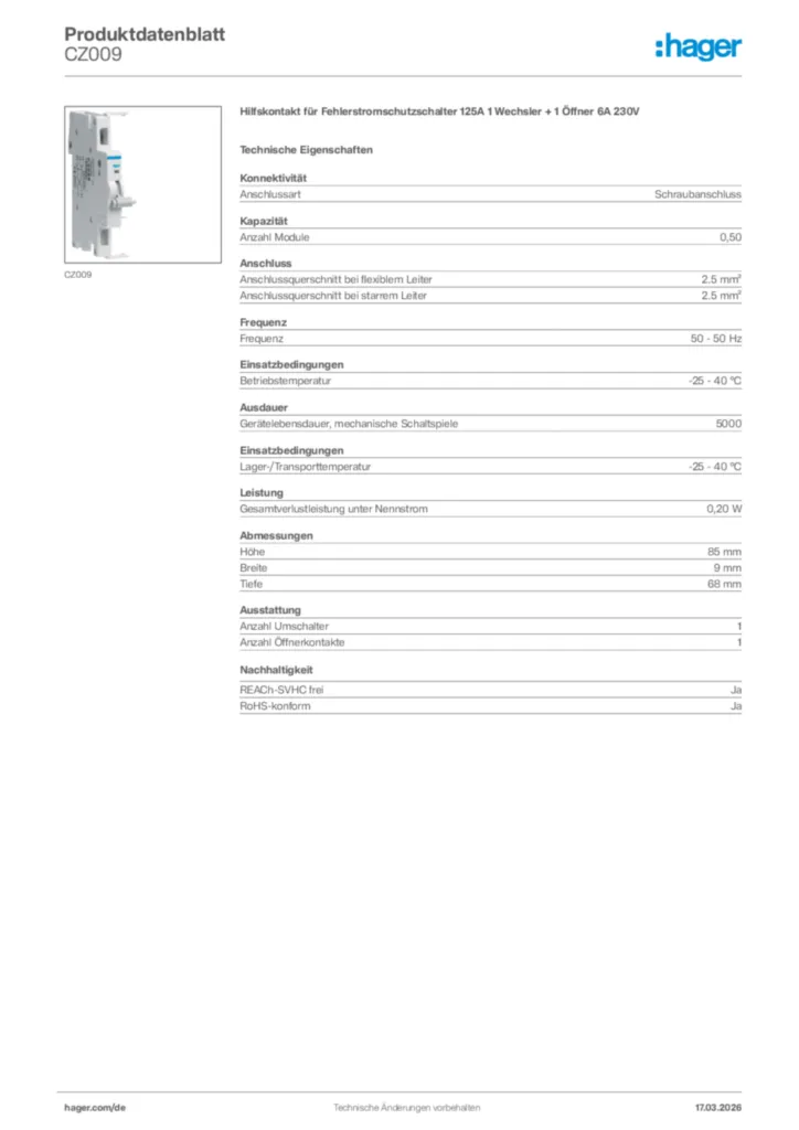 Bild Hager Produktdatenblatt CZ009 | Hager Deutschland