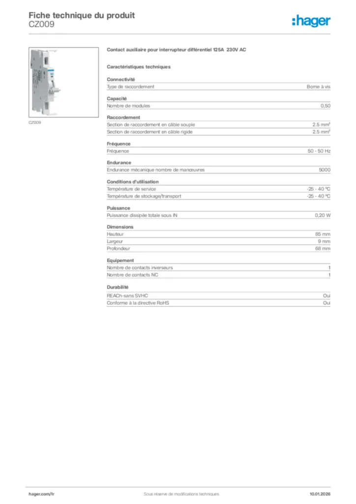 Image Hager Fiche technique du produit CZ009 | Hager France