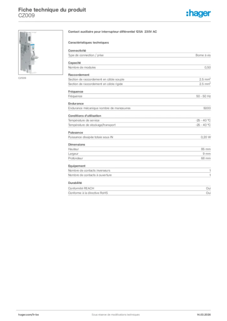 Image Hager Fiche technique du produit CZ009 | Hager Belgique