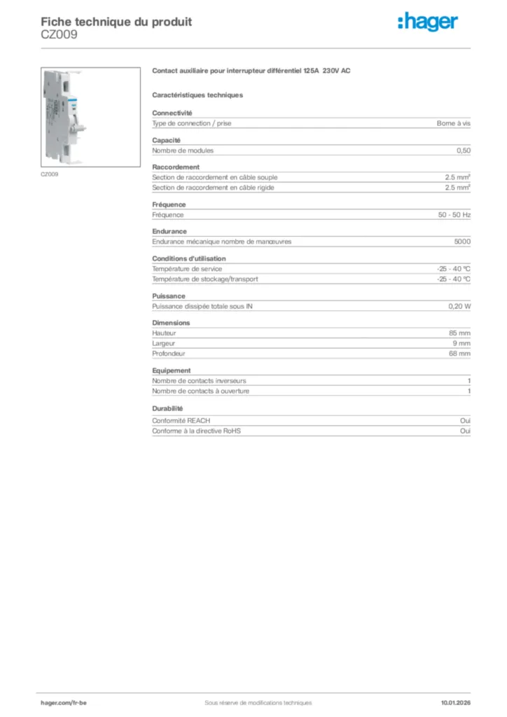 Image Hager Fiche technique du produit CZ009 | Hager Belgique