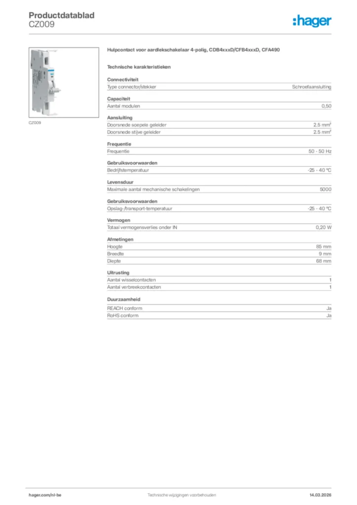 Afbeelding Hager Productdatablad CZ009 | Hager Belgium