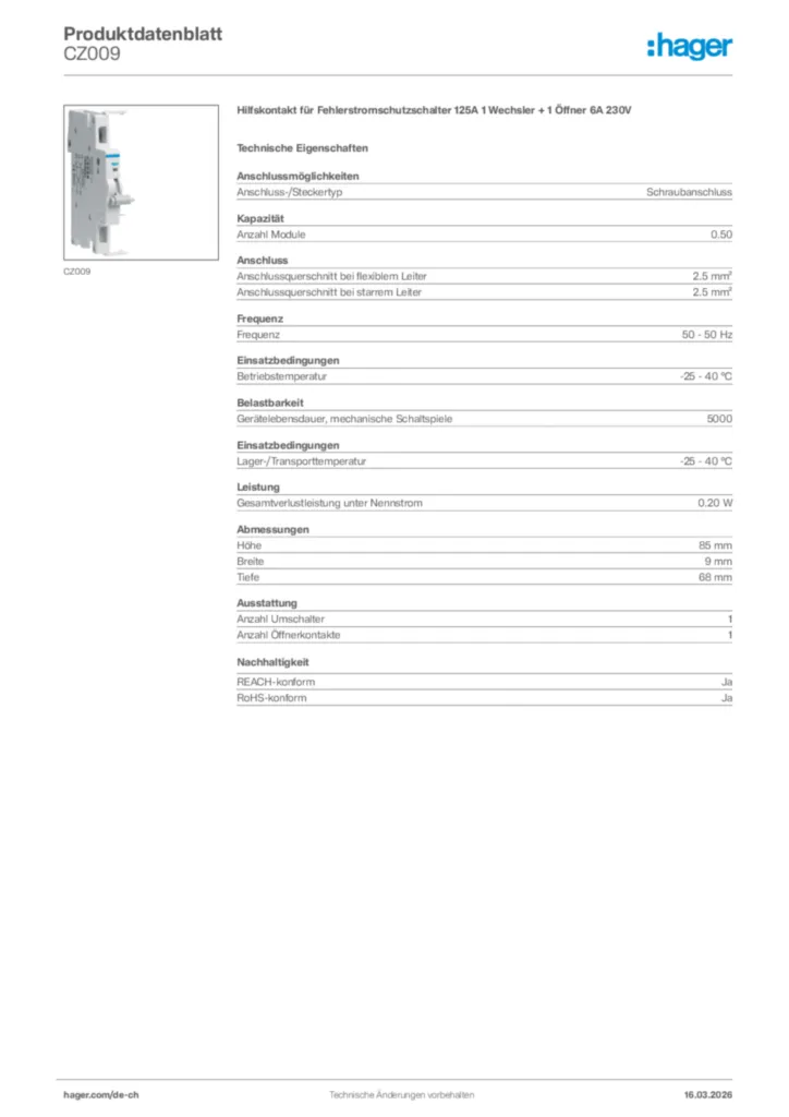 Bild Hager Produktdatenblatt CZ009 | Hager Schweiz