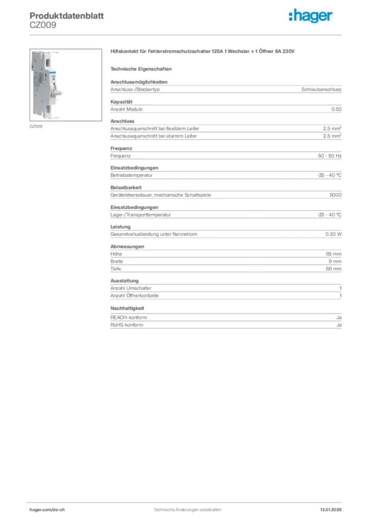 Bild Hager Produktdatenblatt CZ009 | Hager Schweiz
