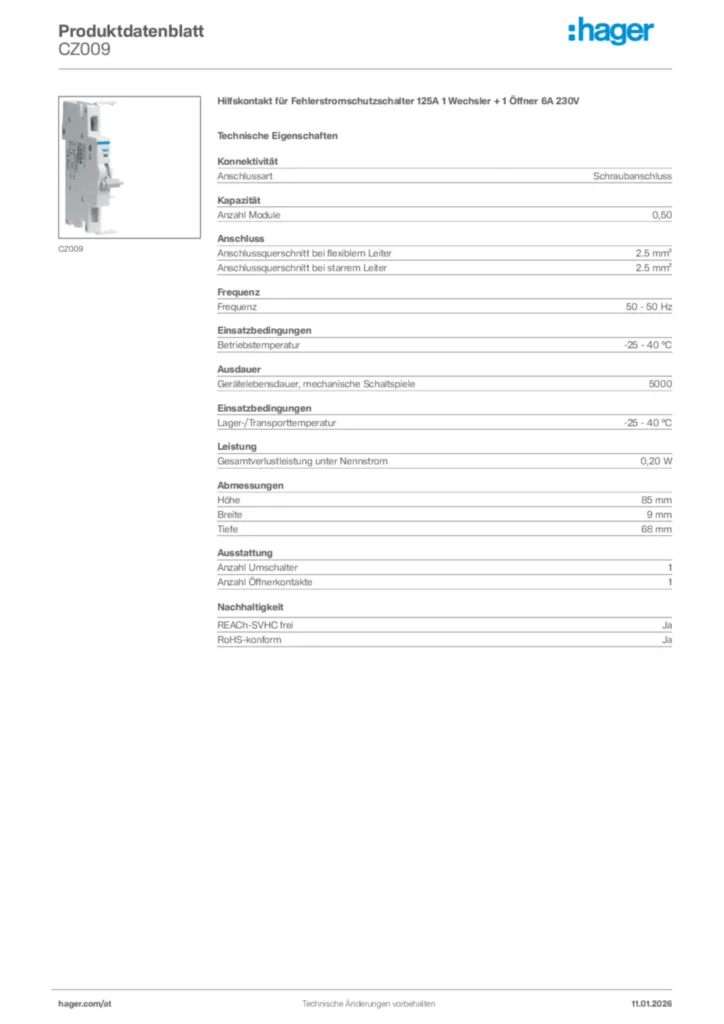 Bild Hager Produktdatenblatt CZ009 | Hager Deutschland