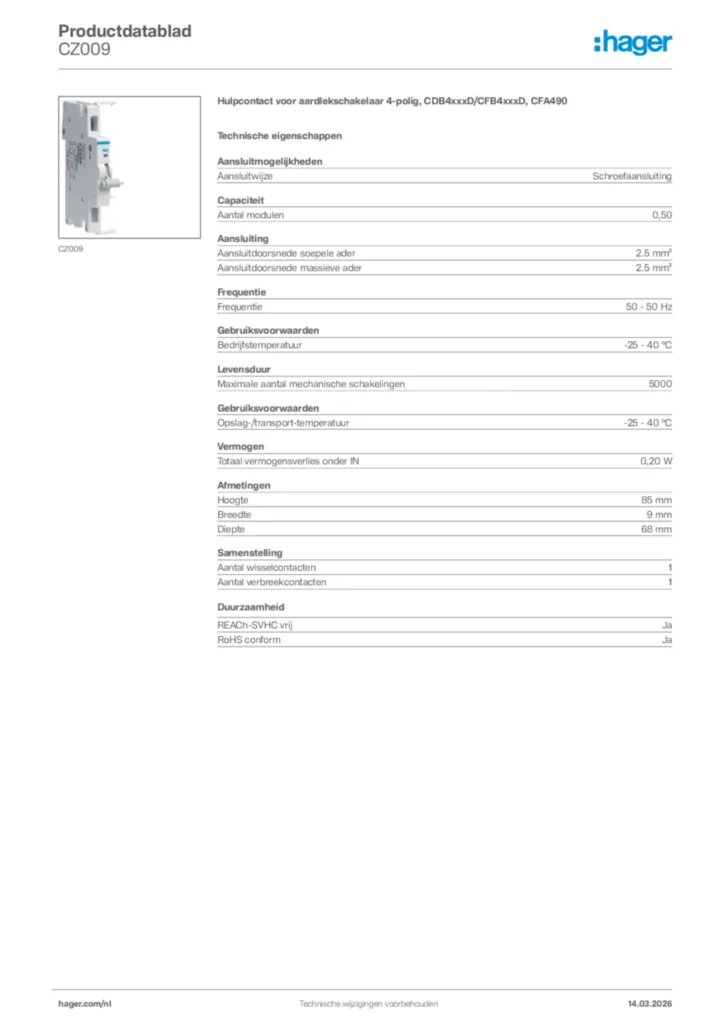 Afbeelding Hager Productdatablad CZ009 | Hager Nederland