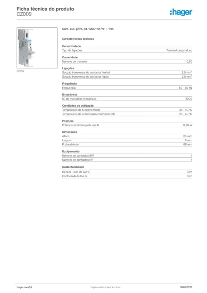 Imagem Hager Ficha técnica do produto CZ009 | Hager Portugal