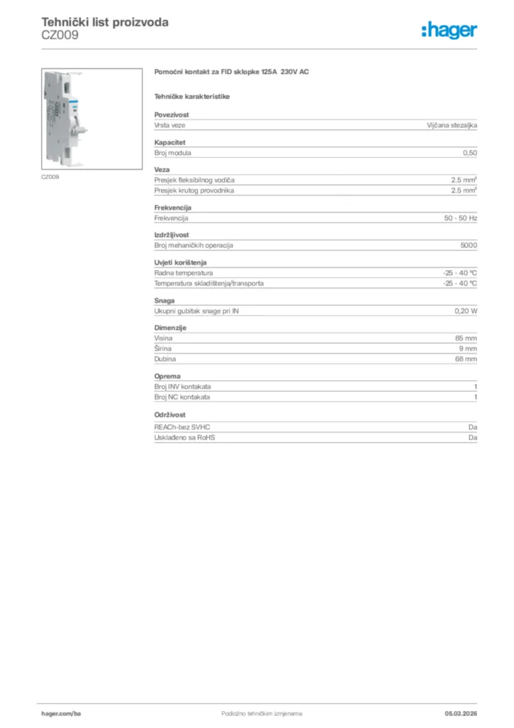 Slika Hager Tehnički list proizvoda CZ009  | Hager