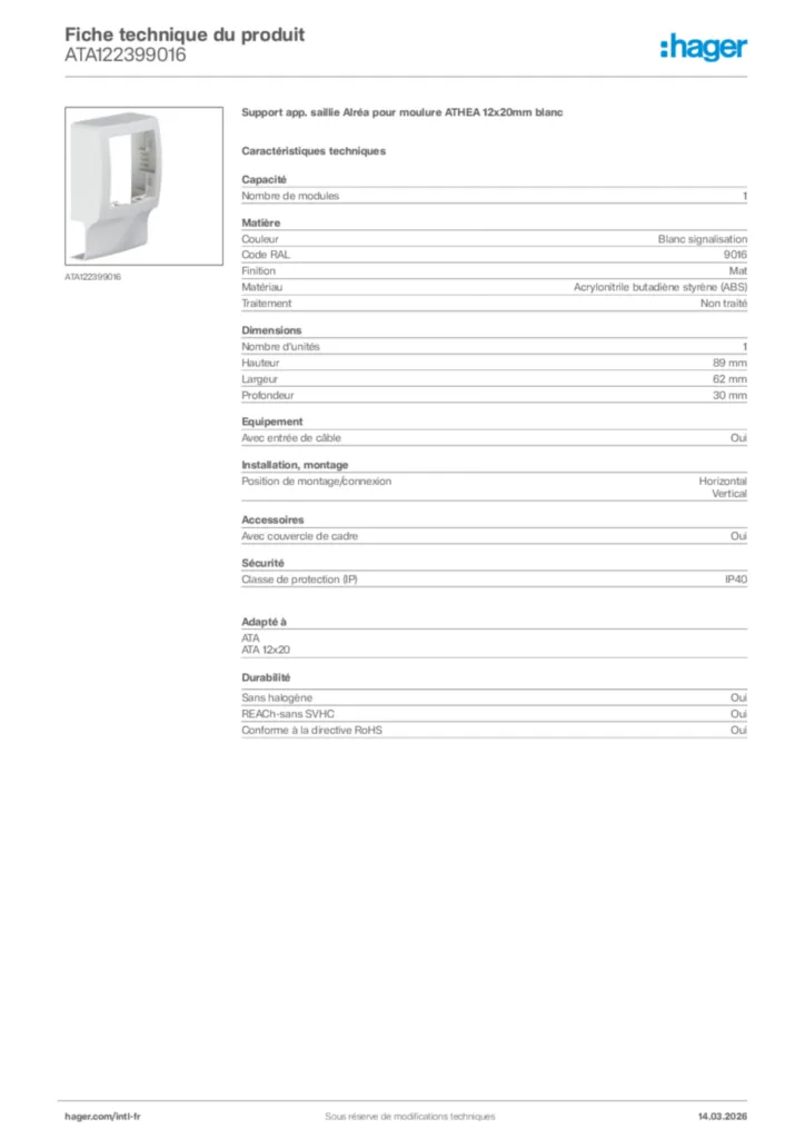 Image Hager Fiche technique du produit ATA122399016 | Hager Afrique