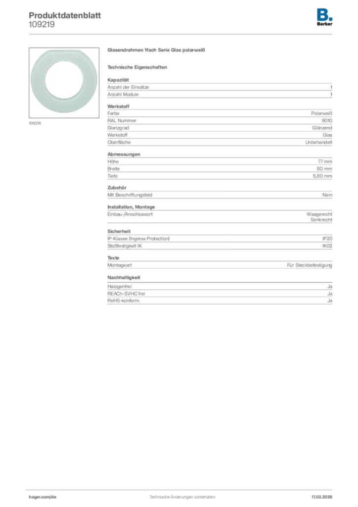 Bild Berker Produktdatenblatt 109219 | Hager Deutschland