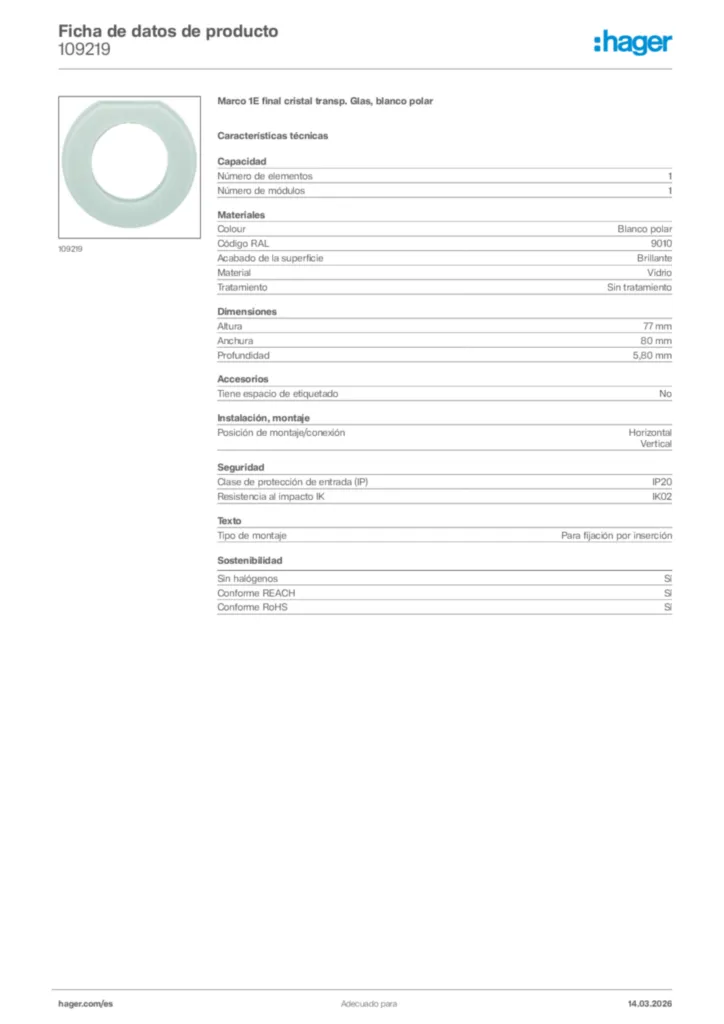 Imagen Hager Ficha de datos de producto 109219 | Hager España