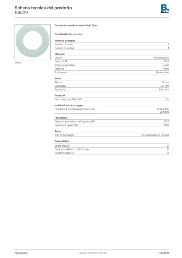 Immagine Berker Scheda tecnica del prodotto 109219 | Hager Italia