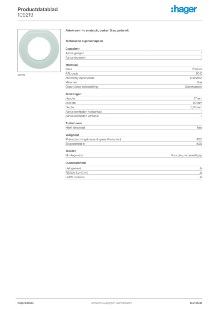 Afbeelding Hager Productdatablad 109219 | Hager Nederland