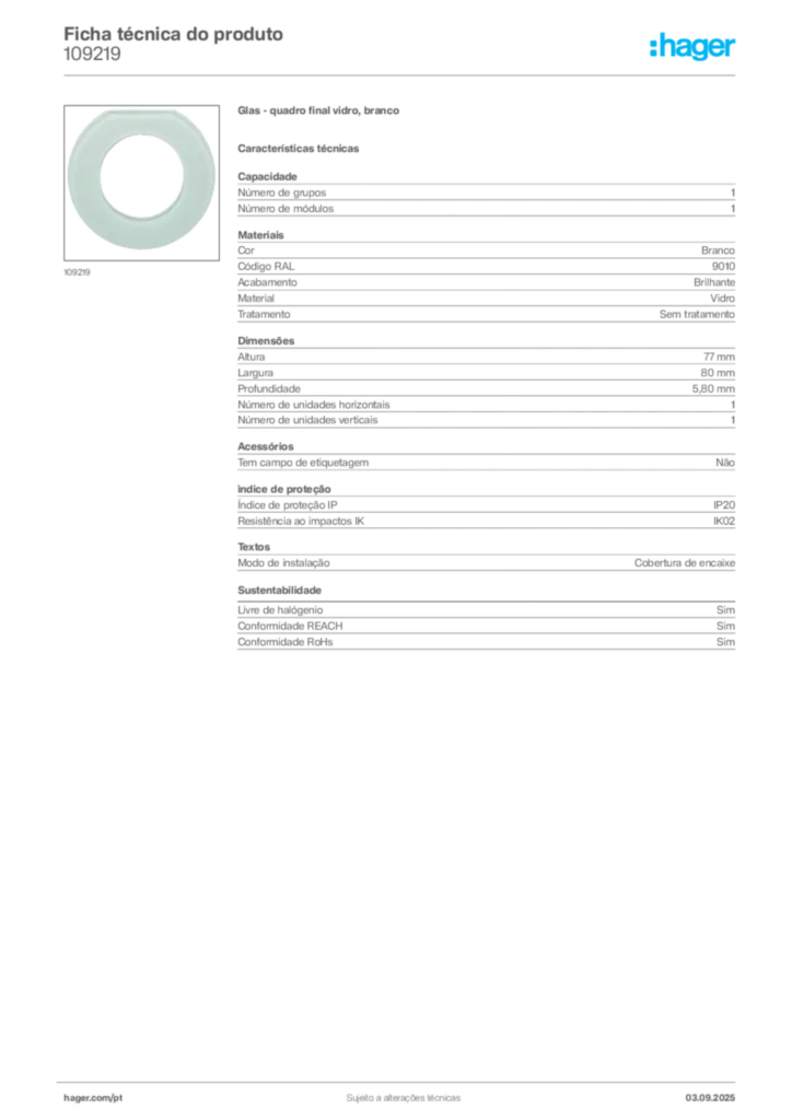 Imagem Hager Ficha técnica do produto 109219 | Hager Portugal