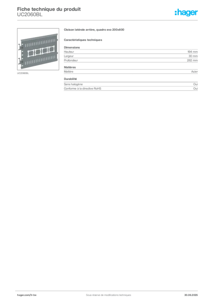 Image Hager Fiche technique du produit UC2060BL | Hager Belgique