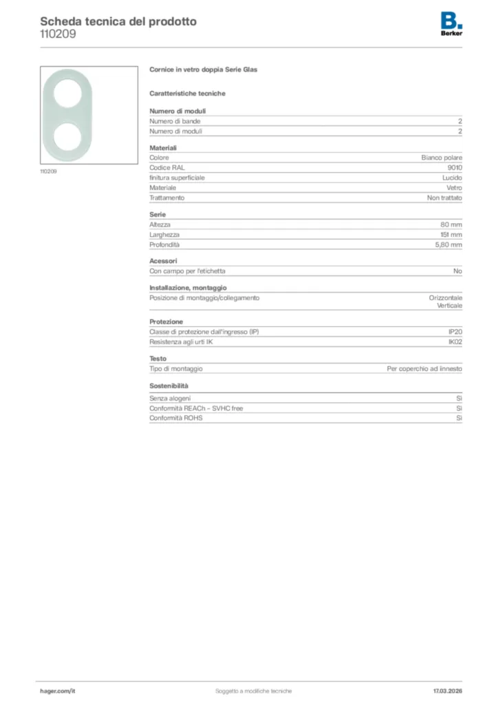Immagine Berker Scheda tecnica del prodotto 110209 | Hager Italia