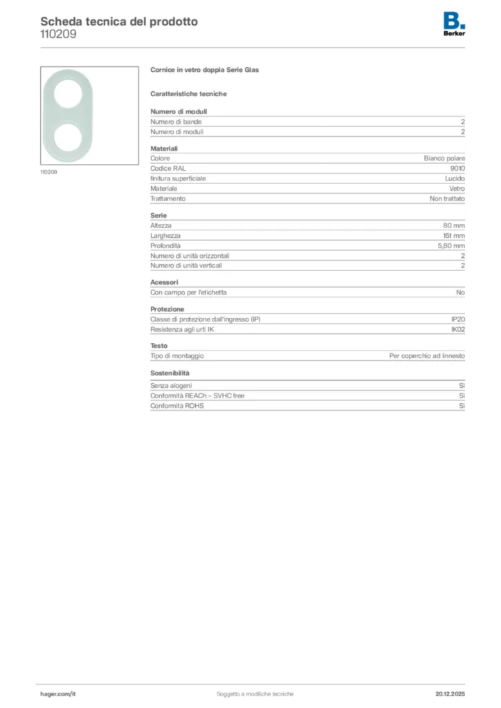 Immagine Berker Scheda tecnica del prodotto 110209 | Hager Italia