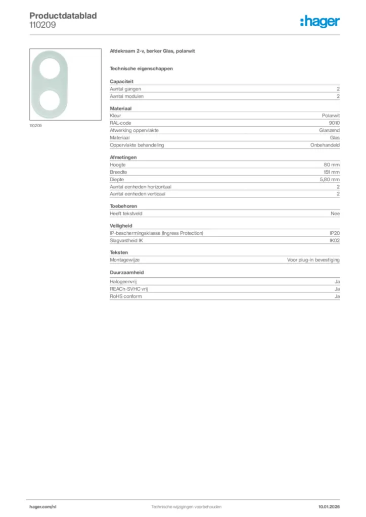 Afbeelding Hager Productdatablad 110209 | Hager Nederland