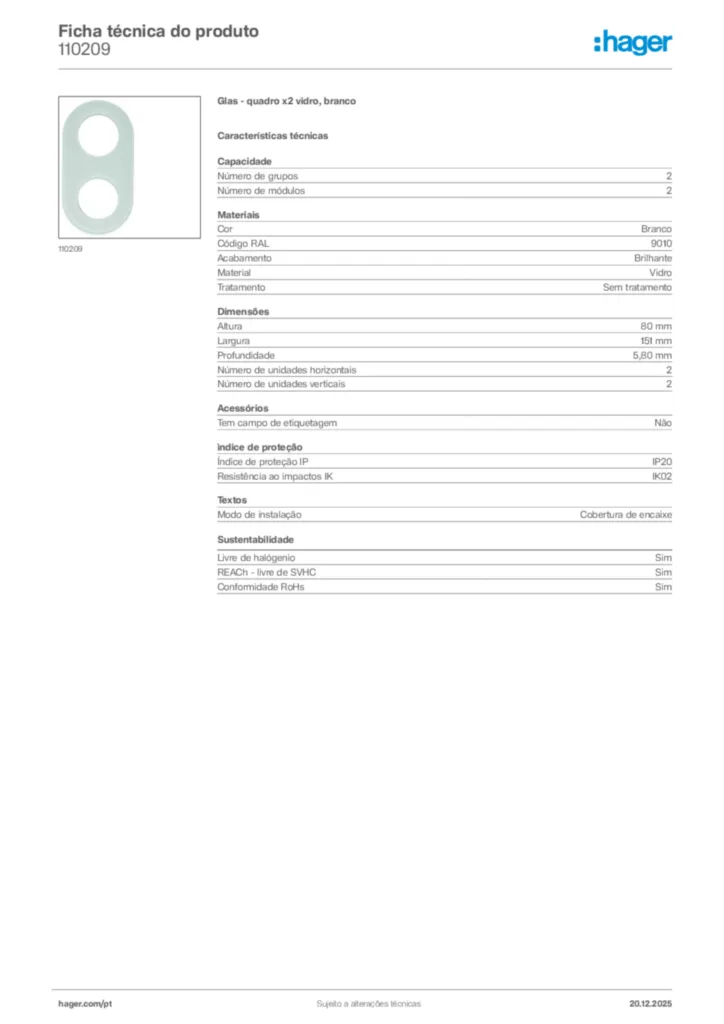 Imagem Hager Ficha técnica do produto 110209 | Hager Portugal