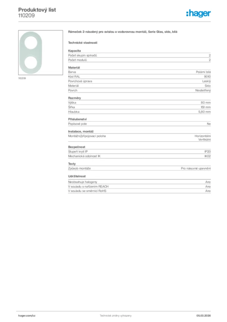 Obrázek Hager Product data sheet 110209 | Hager