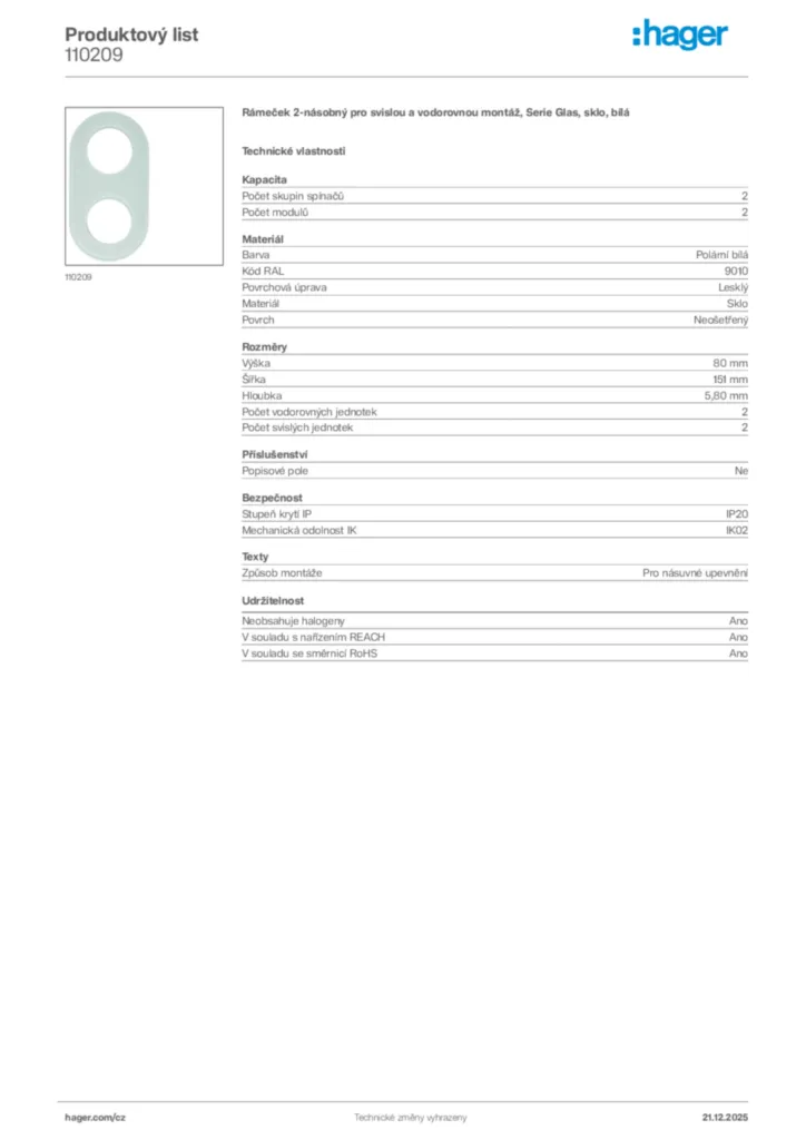 Obrázek Hager Produktový list 110209 | Hager