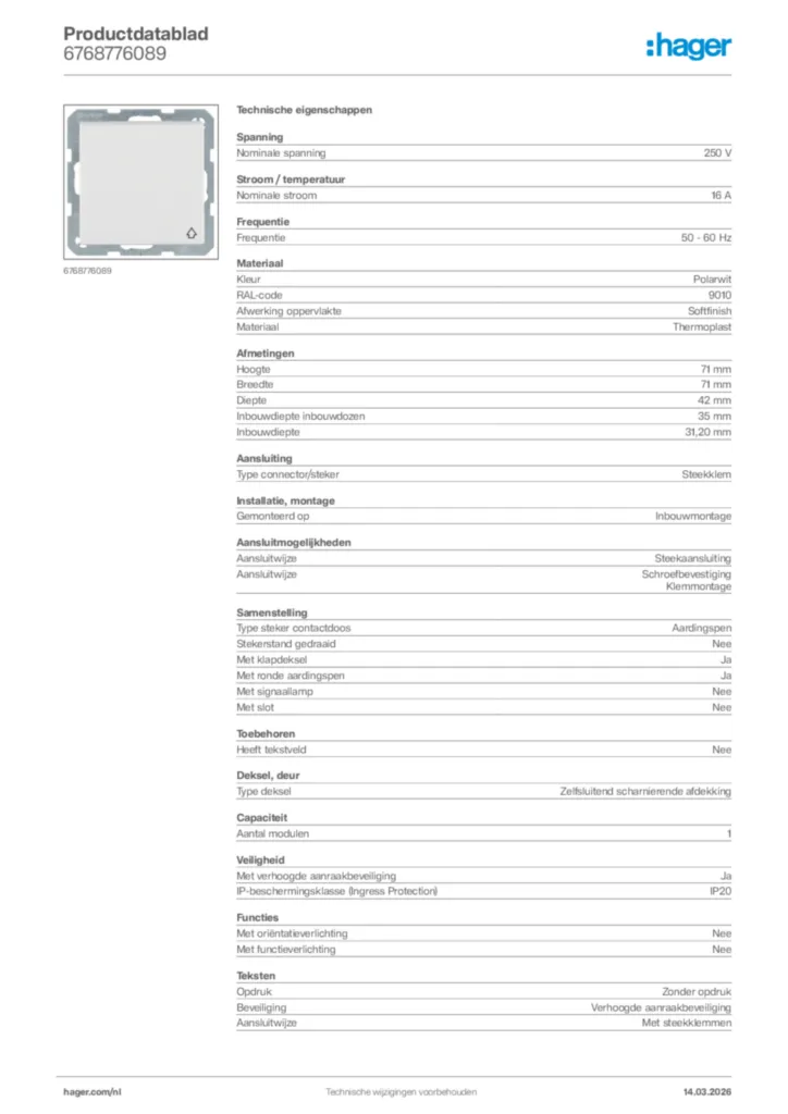 Afbeelding Hager Productdatablad 6768776089 | Hager Nederland