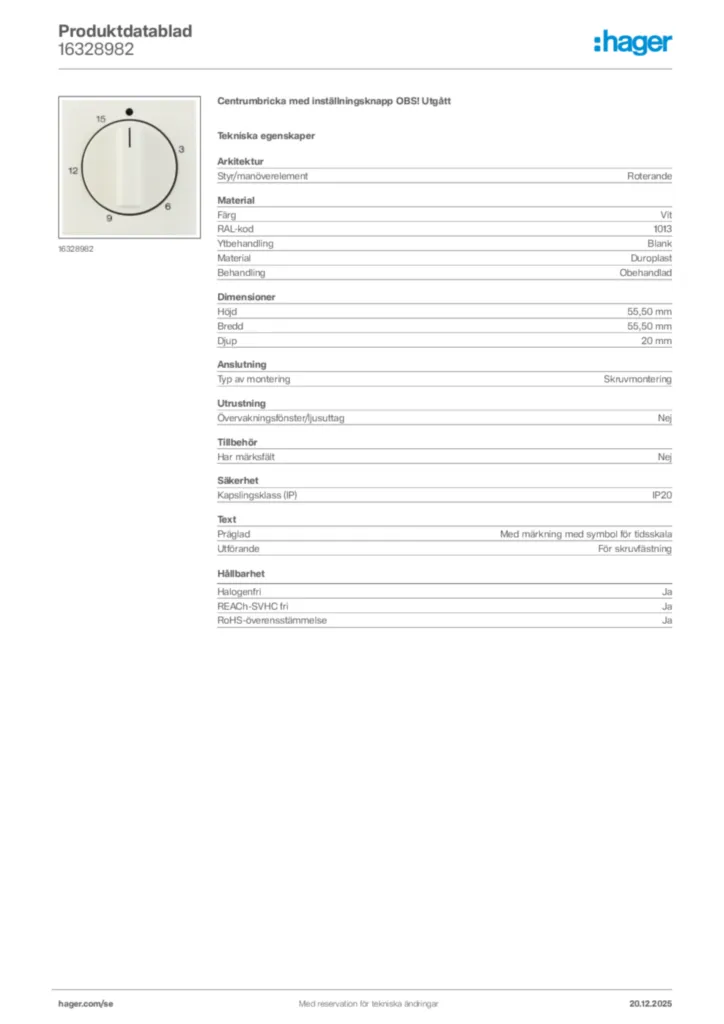 Bild Hager Produktdatablad 16328982 | Hager Sverige