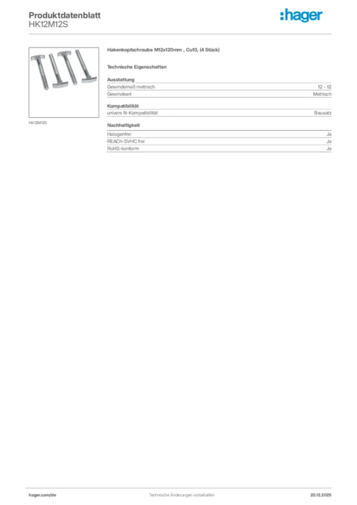 Bild Hager Produktdatenblatt HK12M12S | Hager Deutschland