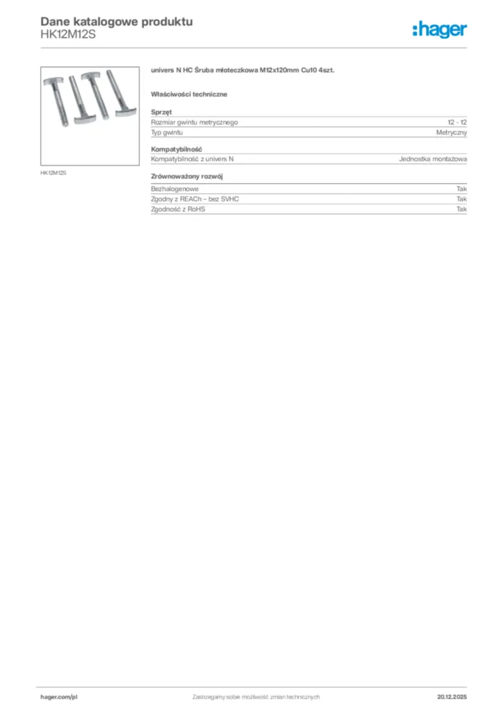 Zdjęcie Hager Dane katalogowe produktu HK12M12S | Hager Polska