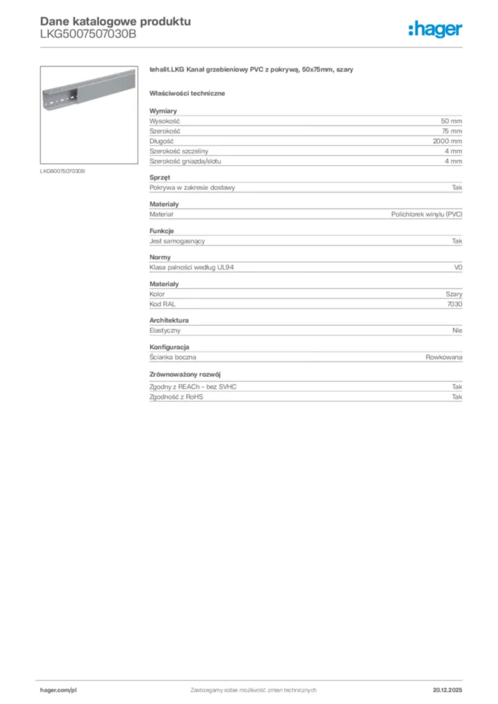 Zdjęcie Hager Dane katalogowe produktu LKG5007507030B | Hager Polska