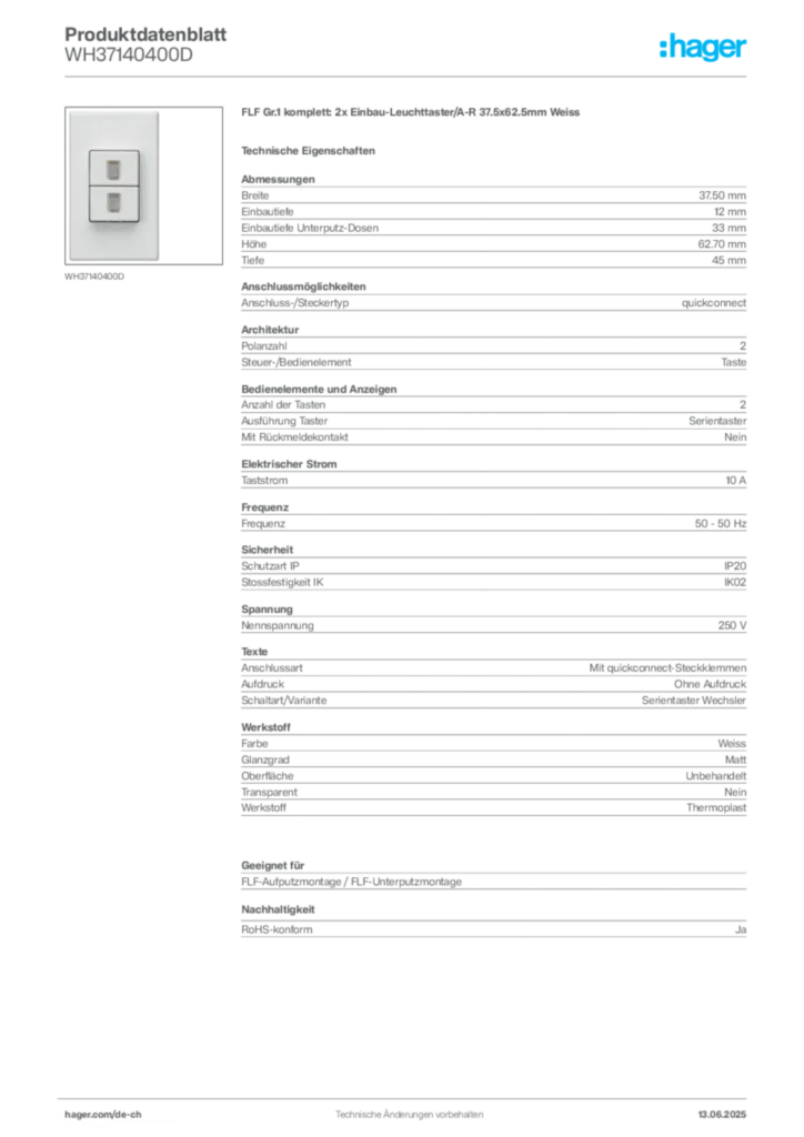 Bild Hager Produktdatenblatt WH37140400D | Hager Schweiz