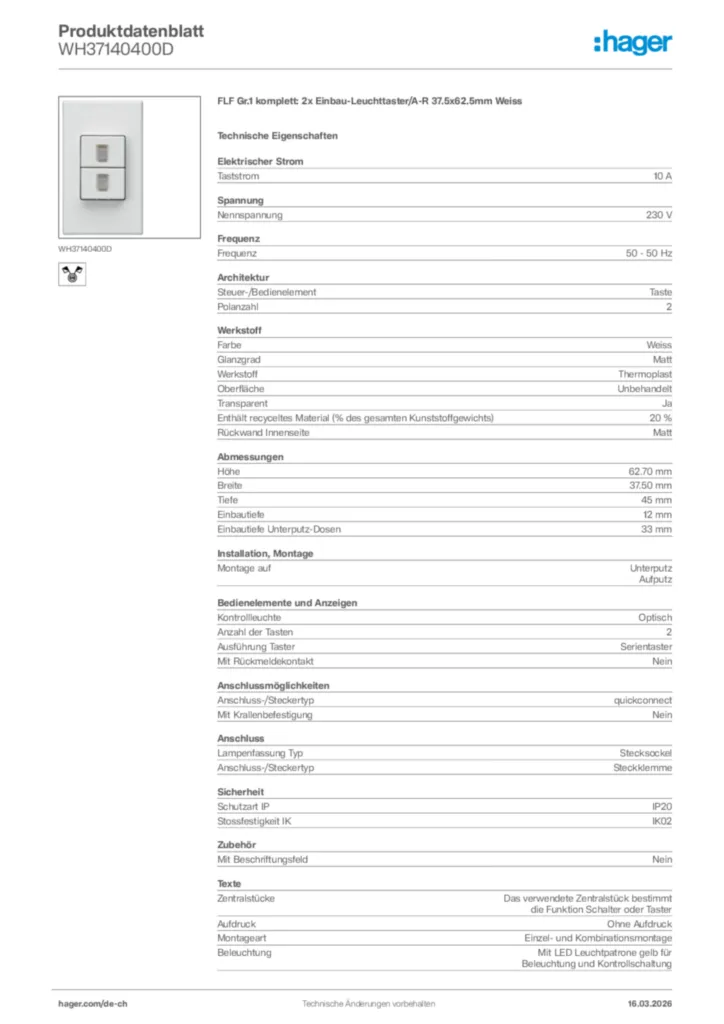 Bild Hager Produktdatenblatt WH37140400D | Hager Schweiz