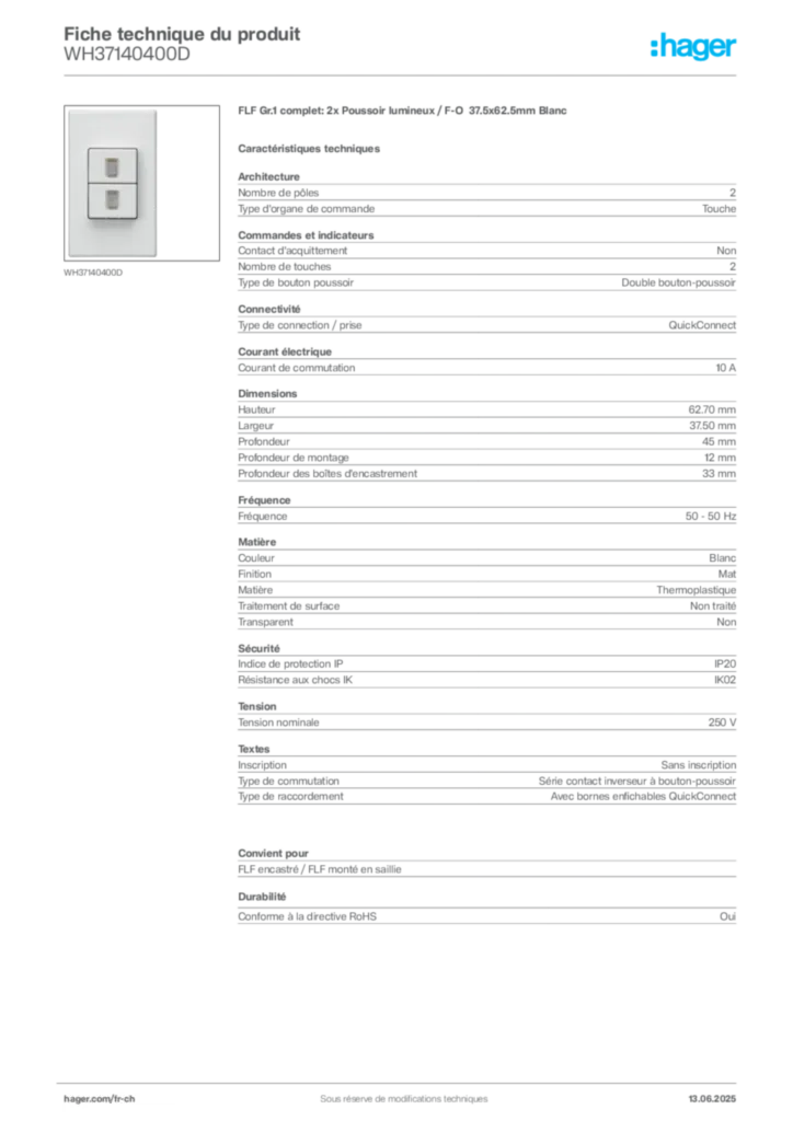 Image Hager Fiche technique du produit WH37140400D | Hager Suisse