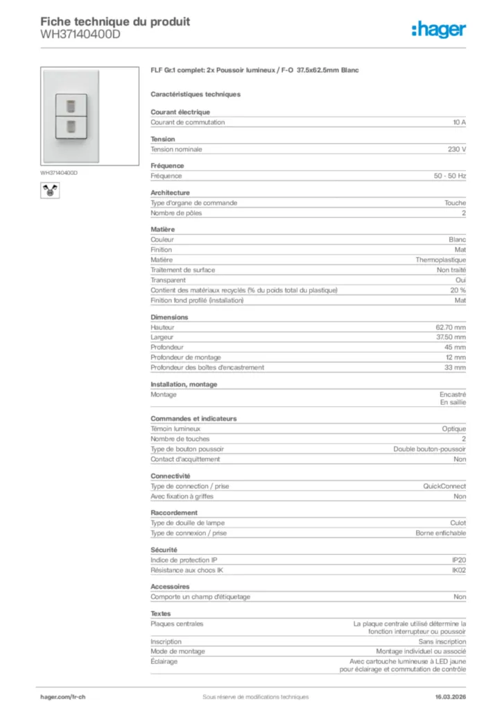 Image Hager Fiche technique du produit WH37140400D | Hager Suisse