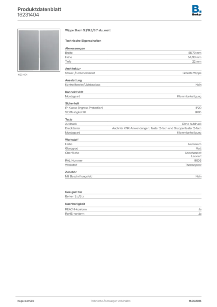 Bild Berker Produktdatenblatt 16231404 | Hager Deutschland