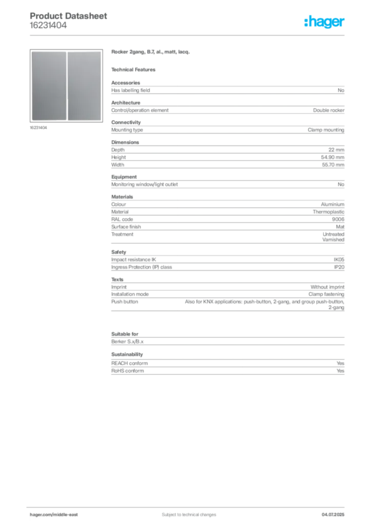 Image Hager Product data sheet 16231404  | Hager