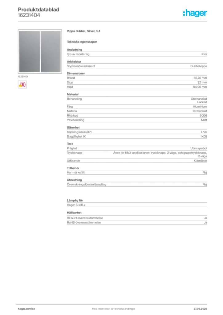 Bild Hager Produktdatablad 16231404 | Hager Sverige