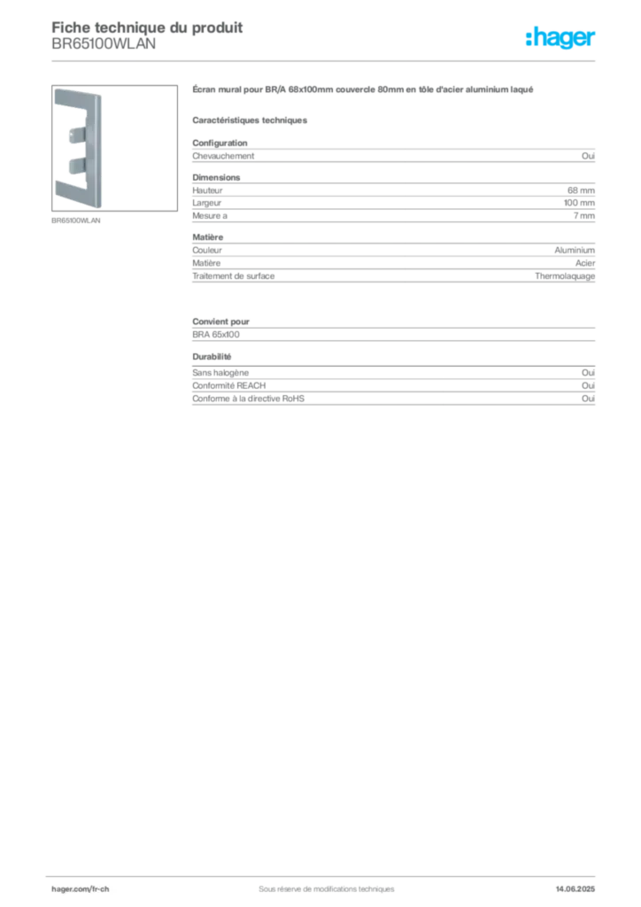 Image Hager Fiche technique du produit BR65100WLAN | Hager Suisse