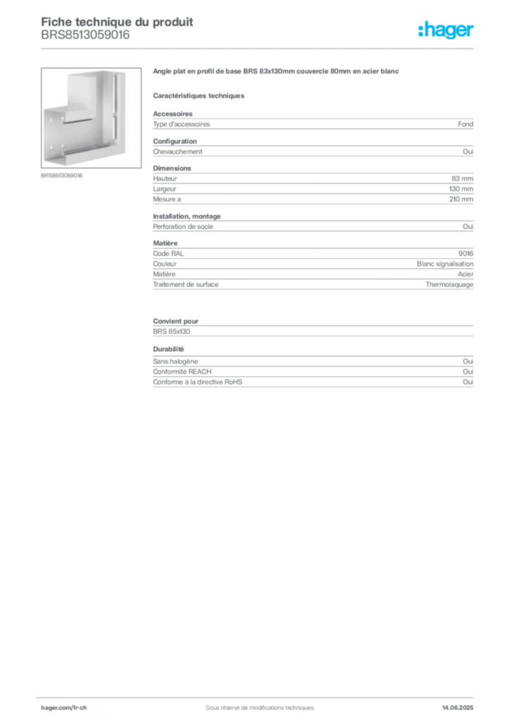 Image Hager Fiche technique du produit BRS8513059016 | Hager Suisse